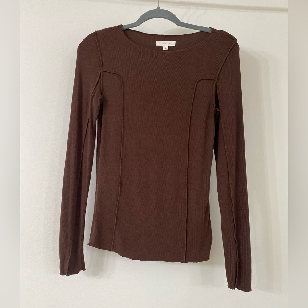 All:Row | Fitted Brown Long Sleeves Xio Top with Exposed Seams